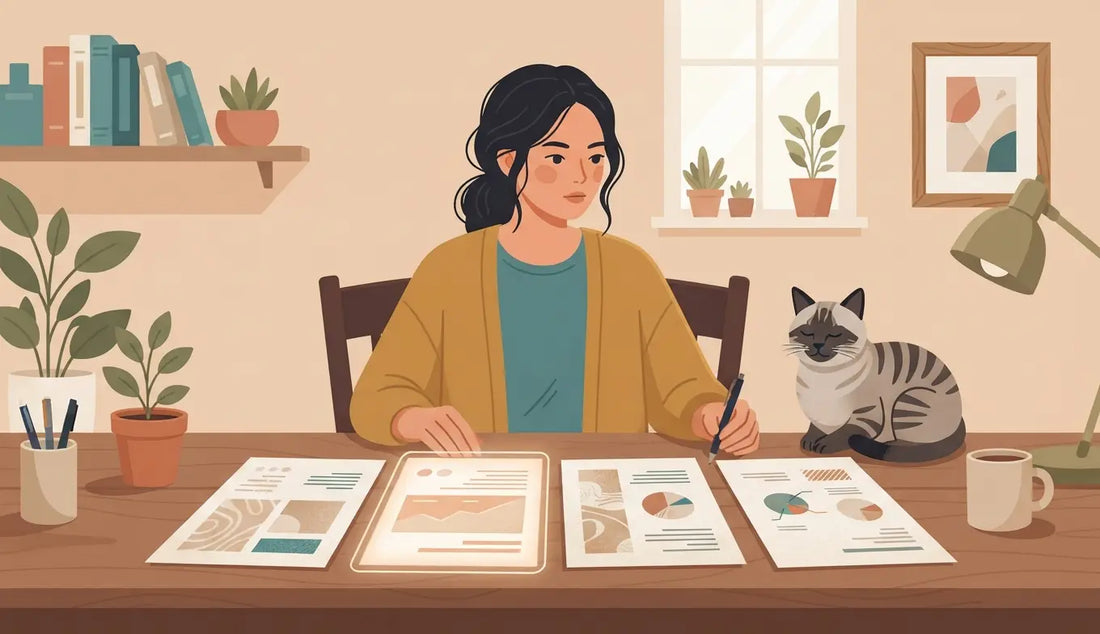 Cat owner comparing four insurance plan documents | เจ้าของแมวเทียบเอกสารแผนประกันสี่ฉบับ