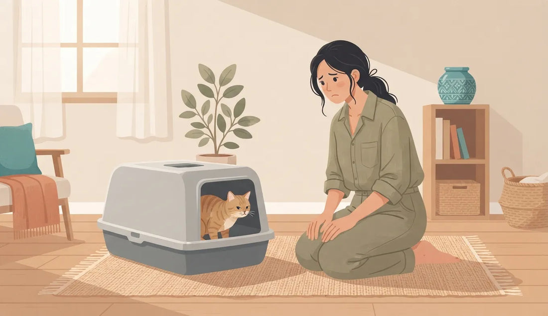 Owner watching a cat straining in a litter box | เจ้าของเฝ้าดูแมวนั่งเบ่งในกระบะทราย
