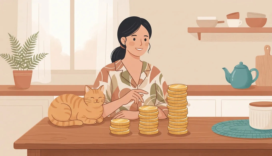 Cat owner with three rising stacks of coins showing cost tiers | เจ้าของแมวกับกองเหรียญสามระดับแทนค่าใช้จ่ายสามขั้น