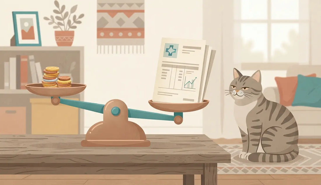 Balance scale weighing a premium against a vet bill | ตาชั่งเทียบเบี้ยประกันกับบิลค่าหมอ