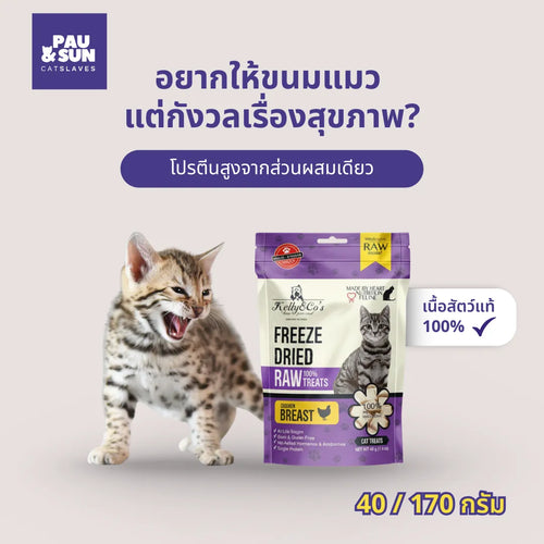 Freeze dried chicken breast treats bag beside a hissing Bengal kitten | ถุงขนมฟรีซดรายรสอกไก่ข้างลูกแมวเบงกอลกำลังขู่