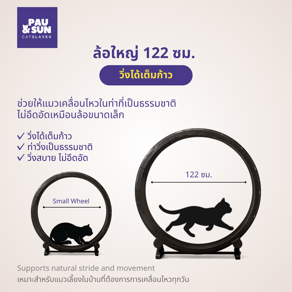 Small cat wheel vs CatSlaves 122 cm wheel — larger diameter supports natural posture and full stride, smaller wheels force cats to crouch | เปรียบเทียบวงล้อเล็กกับวงล้อ CatSlaves 122 ซม. ขนาดใหญ่ช่วยให้วิ่งได้เต็มก้าว