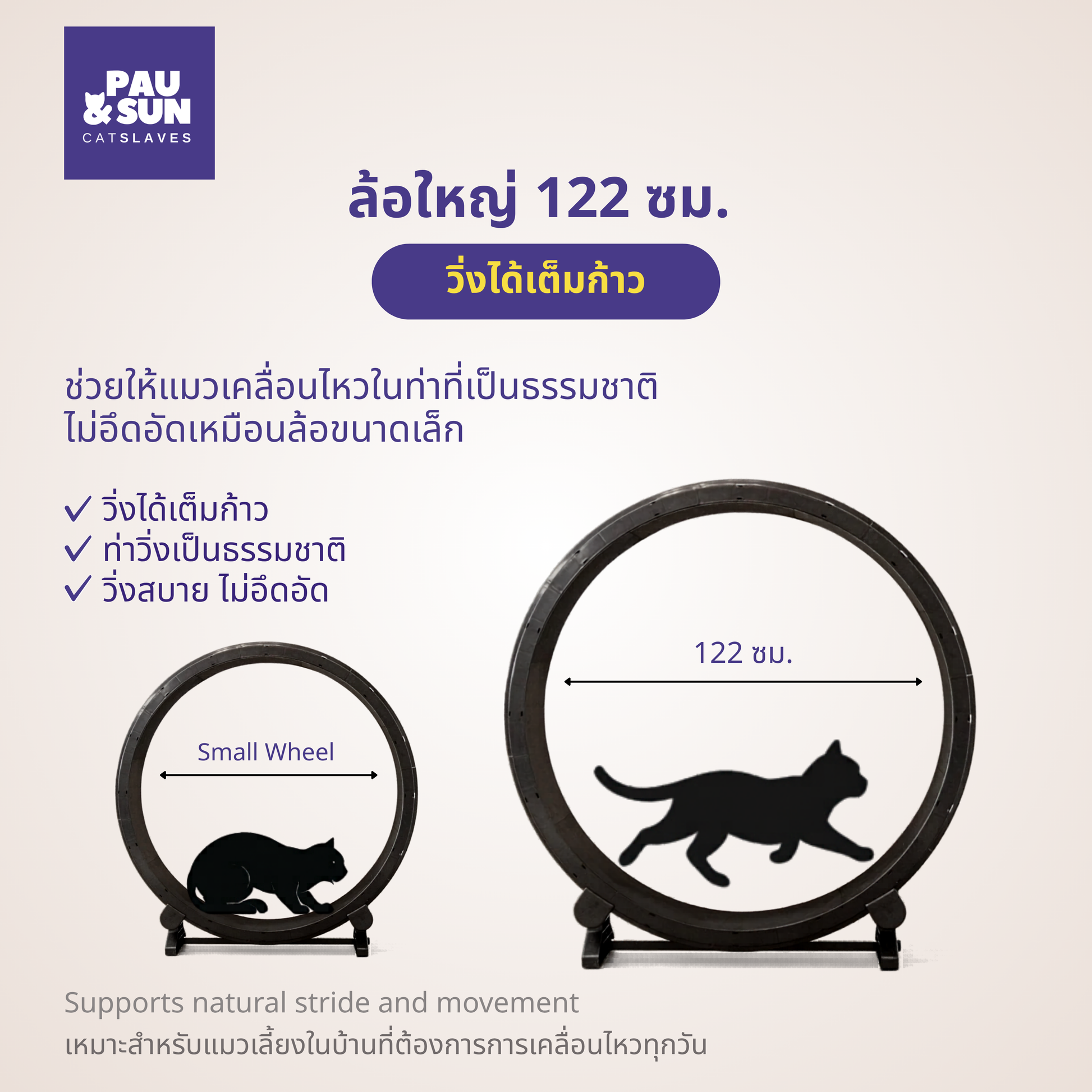 Small cat wheel vs CatSlaves 122 cm wheel — larger diameter supports natural posture and full stride, smaller wheels force cats to crouch | เปรียบเทียบวงล้อเล็กกับวงล้อ CatSlaves 122 ซม. ขนาดใหญ่ช่วยให้วิ่งได้เต็มก้าว