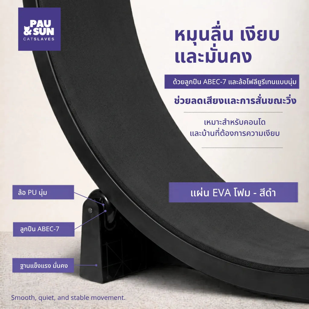 Close up of the 122cm cat exercise wheel track in black EVA foam showing soft PU rollers and ABEC7 bearings | ภาพระยะใกล้ของรางล้อวิ่งแมว 122 ซม. แผ่น EVA โฟมสีดำ แสดงล้อโพลียูรีเทนนุ่มและลูกปืน ABEC7