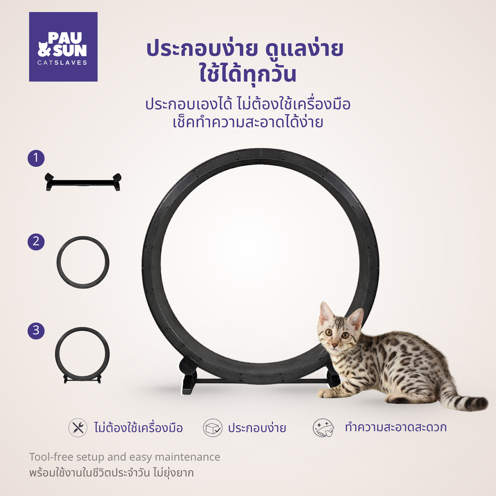 CatSlaves cat wheel tool-free assembly — three modular steps, no hardware required, easy to clean and maintain | ประกอบง่าย ไม่ต้องใช้เครื่องมือ สามขั้นตอน ดูแลรักษาสะดวก
