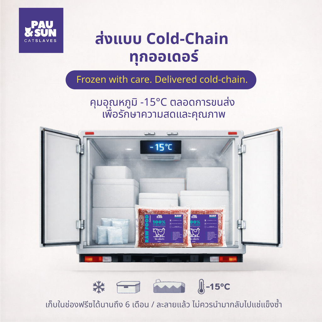 CatSlaves BARF raw cat food cold-chain delivery at minus 15 degrees Celsius — frozen at production, delivered cold, store up to 6 months frozen, do not refreeze after thawing | จัดส่ง Cold-Chain ที่ -15°C เก็บในช่องฟรีซได้นาน 6 เดือน ละลายแล้วไม่ควรนำกลับไปแช่แข็งซ้ำ
