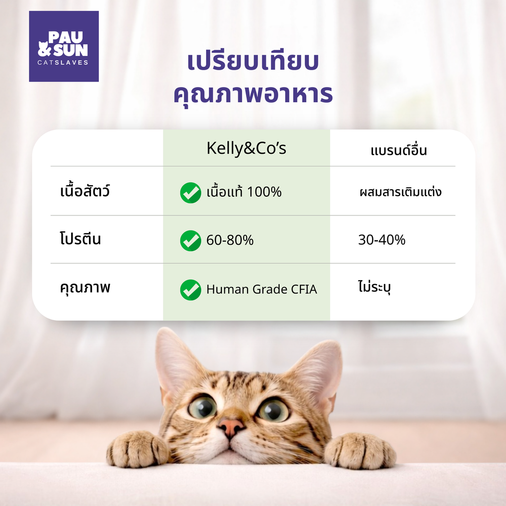 Kelly & Co Dinner Booster vs other cat food brands — 100% real meat, 60-80% protein, Human Grade CFIA standard versus 30-40% protein with added fillers | เปรียบเทียบ Kelly & Co กับแบรนด์อื่น เนื้อแท้ 100% โปรตีน 60-80% มาตรฐาน Human Grade
